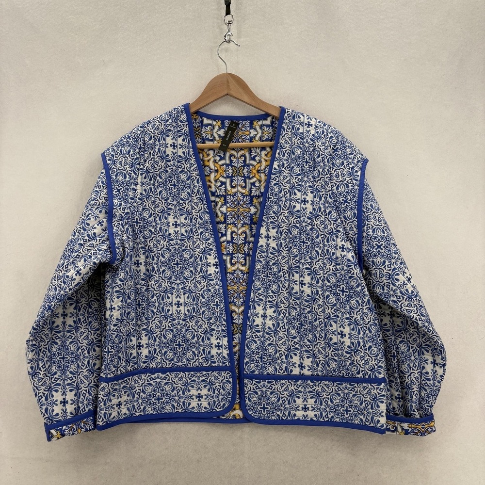 Express Jacket Womens Medium Blue Floral Reversible Quilted Open Front Boho NWT